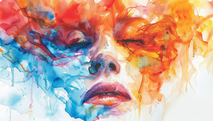 Sticker - A painting of a woman's face with blue and red colors