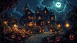 A haunted house with pumpkins and lanterns