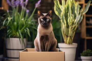 Canvas Print - Medium shot portrait photography of a happy burmese cat box sitting over indoor plant