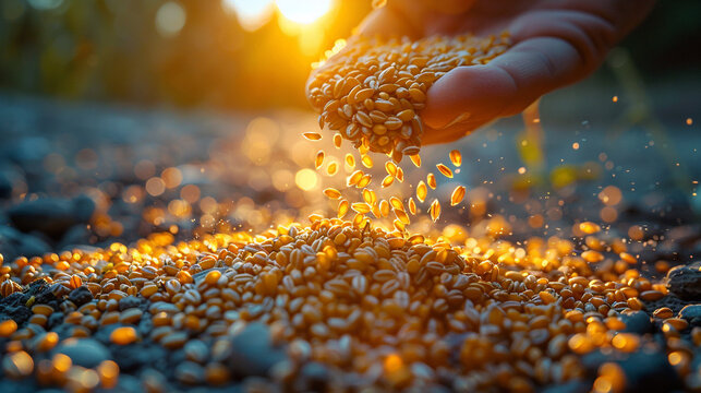 A hand pours wheat into the ground. The photo can be used to illustrate the Gospel parable of the sower