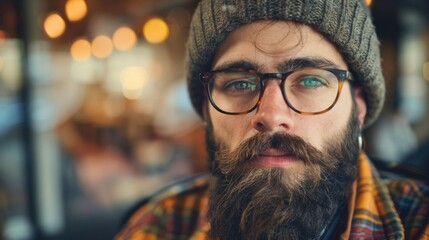 Canvas Print - A close up of a man with glasses and beard wearing a hat, AI