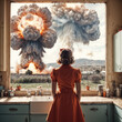 woman in a red dress stands in a kitchen in front of a sink. She looks out the window where an explosion is occurring.