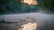 foggy dawn over the Lamine River at Roberts Bluff access in Missouri, springtime scenery