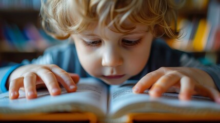 Canvas Print - A young boy with blonde hair reading a book in front of bookshelves, AI