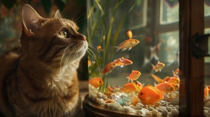 A round-faced cat staring longingly at a fish tank, craving a seafood snack