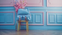 A Stylish Blue School Backpack With Front Pockets Stands On A Soft Pastel Background. Copy Space In Pastel Colors, It's Time For School And Education.