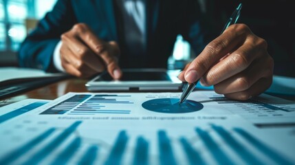 Fototapete - A professional is analyzing statistical data and graphs while holding a pen and using a digital tablet.