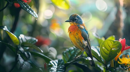 Close-up of a colorful bird perched in a rare jungle flower, hidden amongst lush greenery