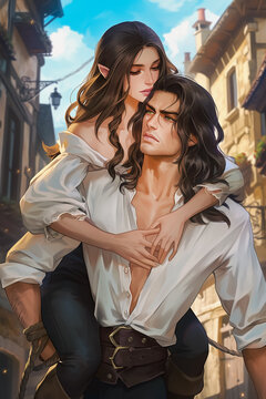 Beautiful fantasy couple, aristocrats, he holds her in his arms, drawing, digital processing, magic, Victorian style, realistic photos, enemies and lovers, castle, garden