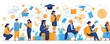 Illustrations with educational scenes. The characters read educational books, study online on a mobile phone and receive a graduation diploma. The concept of online education