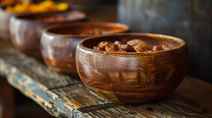 Canvas Print - A row of wooden bowls filled with food on a table, AI