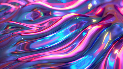 Wall Mural - Abstract fluid iridescent holographic curved wave in motion colorful gradient design on black background	