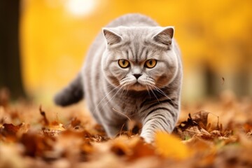 Wall Mural - Medium shot portrait photography of a curious british shorthair cat hunting in rich autumn landscape