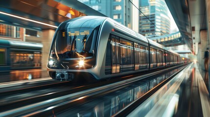 Aufkleber - A sleek metro train speeding through an urban landscape, symbolizing efficient city transit