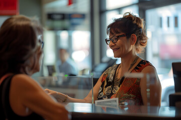 Wall Mural - old woman bank teller wears a business style dress and glasses