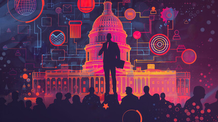 Silhouette of businessman in front of U.S. Capitol building with digital network elements. Modern governance and technology concept.