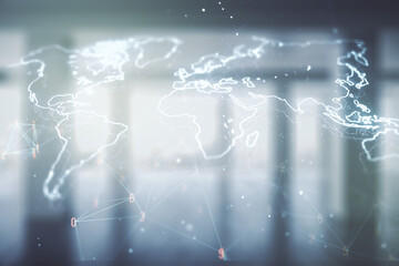 Wall Mural - multi exposure of abstract graphic world map hologram on abstract empty interior background, connect