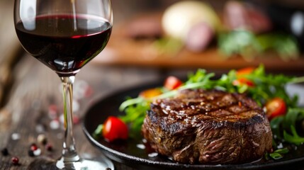 a steak served with a glass of red wine, epitomizing a luxurious dining experience