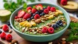 berries in a bowl, A Moringa smoothie bowl, topped with fresh fruits and nuts, the vibrant green color of the Moringa powder adding a pop of color to the already delicious and nutritious meal.