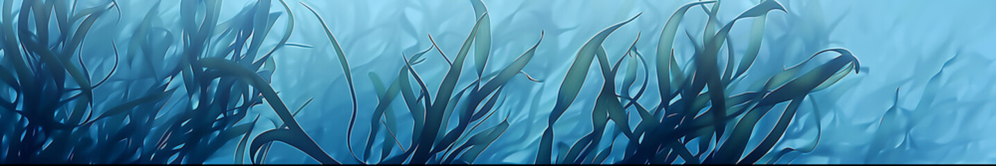 Poster - Blue seaweed background with intertwined, large and thick, matte and translucent elements, with copy space. Soft gradient from light blue to dark blue, sense of depth, high resolution