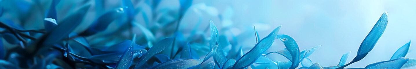 Poster - Blue seaweed background with intertwined, large and thick, matte and translucent elements, with copy space. Soft gradient from light blue to dark blue, sense of depth, high resolution