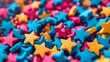 A pile of colorful plastic stars are scattered on a table, AI