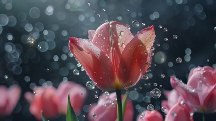 Leinwandbilder - A surreal image of water droplets hovering above a blossoming tulip, magical and serene