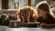 Tender Moment Among Girl, Cat, and Dog with Food Bowls at Home