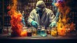 A man in a lab coat is working with colorful liquids in test tubes. The scene is chaotic and messy, with the man surrounded by various vials and beakers. The atmosphere is intense and focused