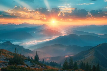 Wall Mural - Mountain Sunrise, Soft morning light filtering through clouds, Foreground elements leading to distant peaks, Warm hues of sunrise illuminating the landscape