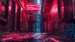 © Vilayat - A cracked neon sign flickering above a deserted alleyway, in the style of luminous hues, Wollensak 127mm f/4.7 Ektar, mysterious jungle (urban version), street art photography
