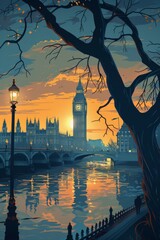 Sticker - An illustration of the Palace of Westminster and Big Ben in London, England