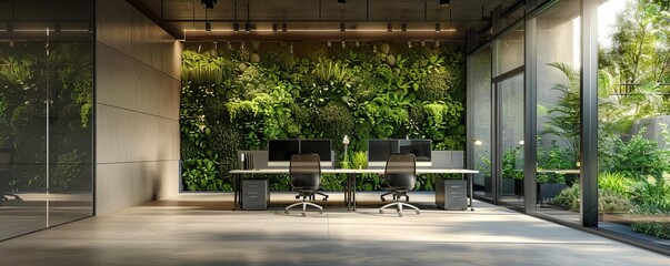 A modern office with a green wall and a large window. The office has two desks with two computer monitors and two chairs