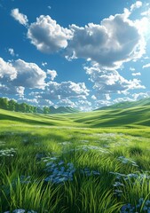 Wall Mural - Grass field with white flowers under the blue sky