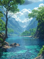 Wall Mural - Fantasy landscape with mountains, lake and trees