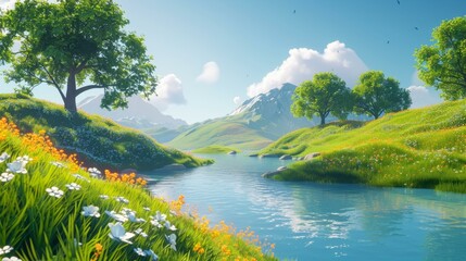 Wall Mural - River flowing through a valley with green grass and flowers