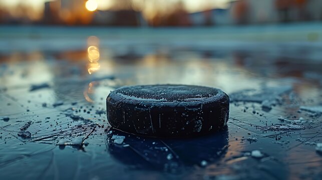 A closeup of Hockey puck, against Field as background, hyperrealistic sports accessory photography, copy space
