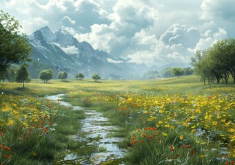 Poster - Mountain valley with a river and flowers