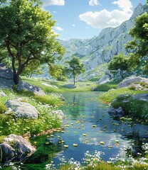 Sticker - Tranquil Mountain Stream in a Picturesque Valley