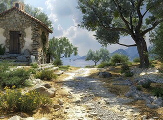 Canvas Print - Stone Cottage Near The Sea