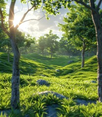 Poster - The sun shines through the green forest