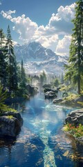 Canvas Print - Mountains, river and trees