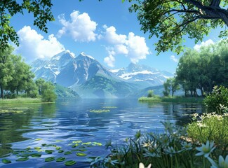 Sticker - Tranquil Mountain Lake Scenery