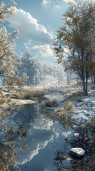 Wall Mural - A beautiful winter landscape with snow, trees, and a frozen river