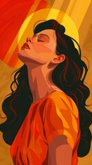 Wall Mural - Portrait of a young beautiful woman with long black hair and orange background