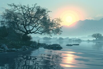 Wall Mural - Misty lake with a large tree in the foreground