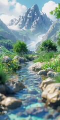 Poster - A beautiful landscape with a mountain, river, and flowers