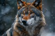 Close-up portrait of a wild wolf in the forest in winter