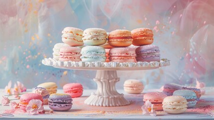 Wall Mural - dessert illustration, a whimsical pastel drawing of an exquisite array of colorful macarons and delicate pastries elegantly displayed on a fancy cake stand