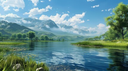 Poster - Tranquil mountain lake in a valley with green meadows and blue sky